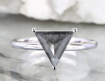 Salt and Pepper Diamond Ring ! Natural Triangle Cut Diamond ! Natural Gray Color Diamond Anniversary Ring ! Gift For Her