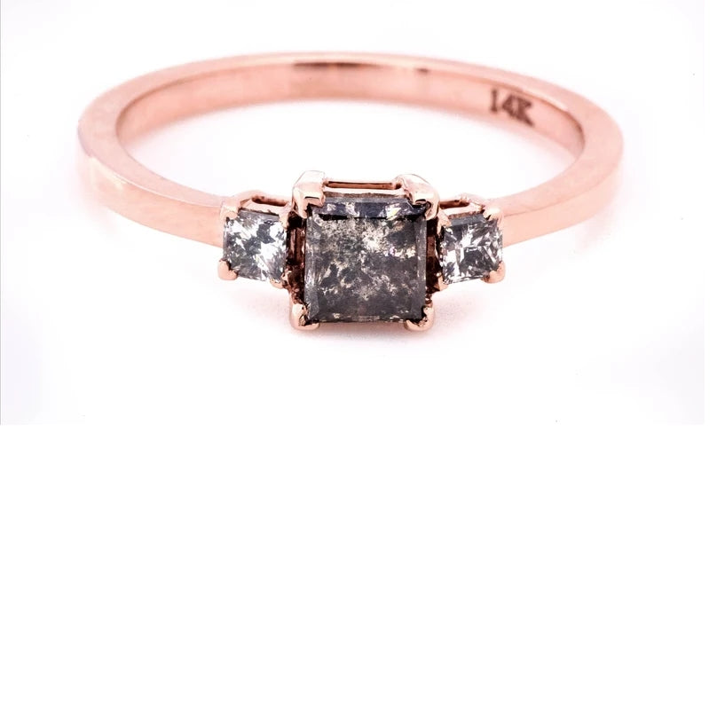 Salt and Pepper Diamond Ring, Natural Princess Cut Diamond Ring, Engagement Ring, Diamond Ring, 14k Gold Ring, Gift For Her