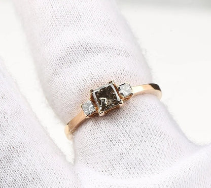 Salt and Pepper Diamond Ring, Natural Princess Cut Diamond Ring, Engagement Ring, Diamond Ring, 14k Gold Ring, Gift For Her