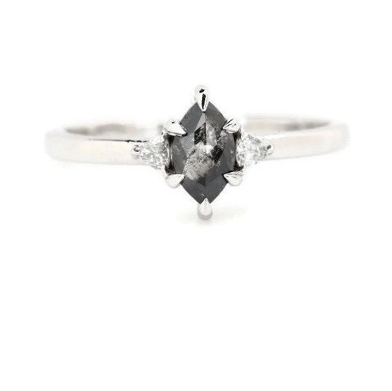 Salt And Pepper Diamond Engagement Ring ! Marquise Triangle Cut Diamond 14K Gold Ring Wedding Gift Ring ! Anniversary Ring ! Gift For Love