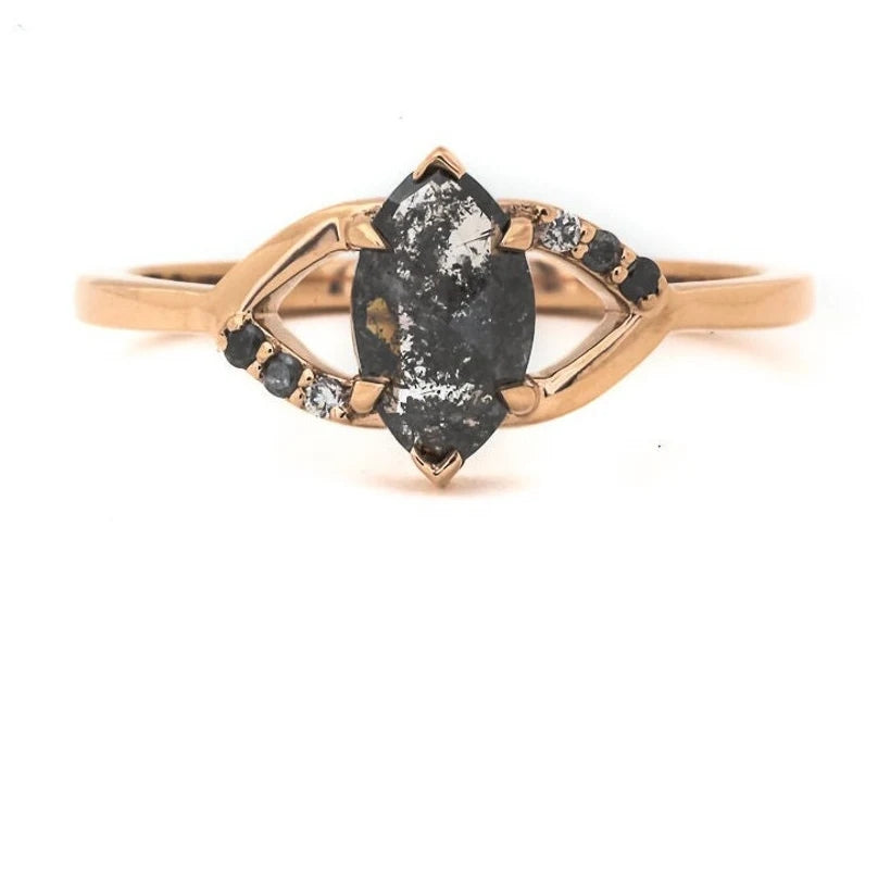 Salt and Pepper Diamond Ring ! Natural Marquise Cut Diamond ! Natural Gray Black Diamond Engagement Ring ! Gift For Her