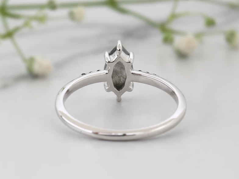Salt and Pepper Diamond Ring, Marquise Engagement Pave Black Side Stone Ring, 14K White Gold Cluster Ring, Bridal Anniversary Ring