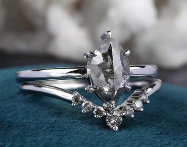 Salt and Pepper Diamond Engagement Ring ! 14K White Gold For Wedding Anniversary With Band Set ! Gift For Her