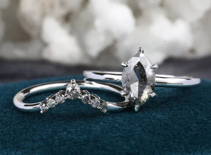 Salt and Pepper Diamond Engagement Ring ! 14K White Gold For Wedding Anniversary With Band Set ! Gift For Her