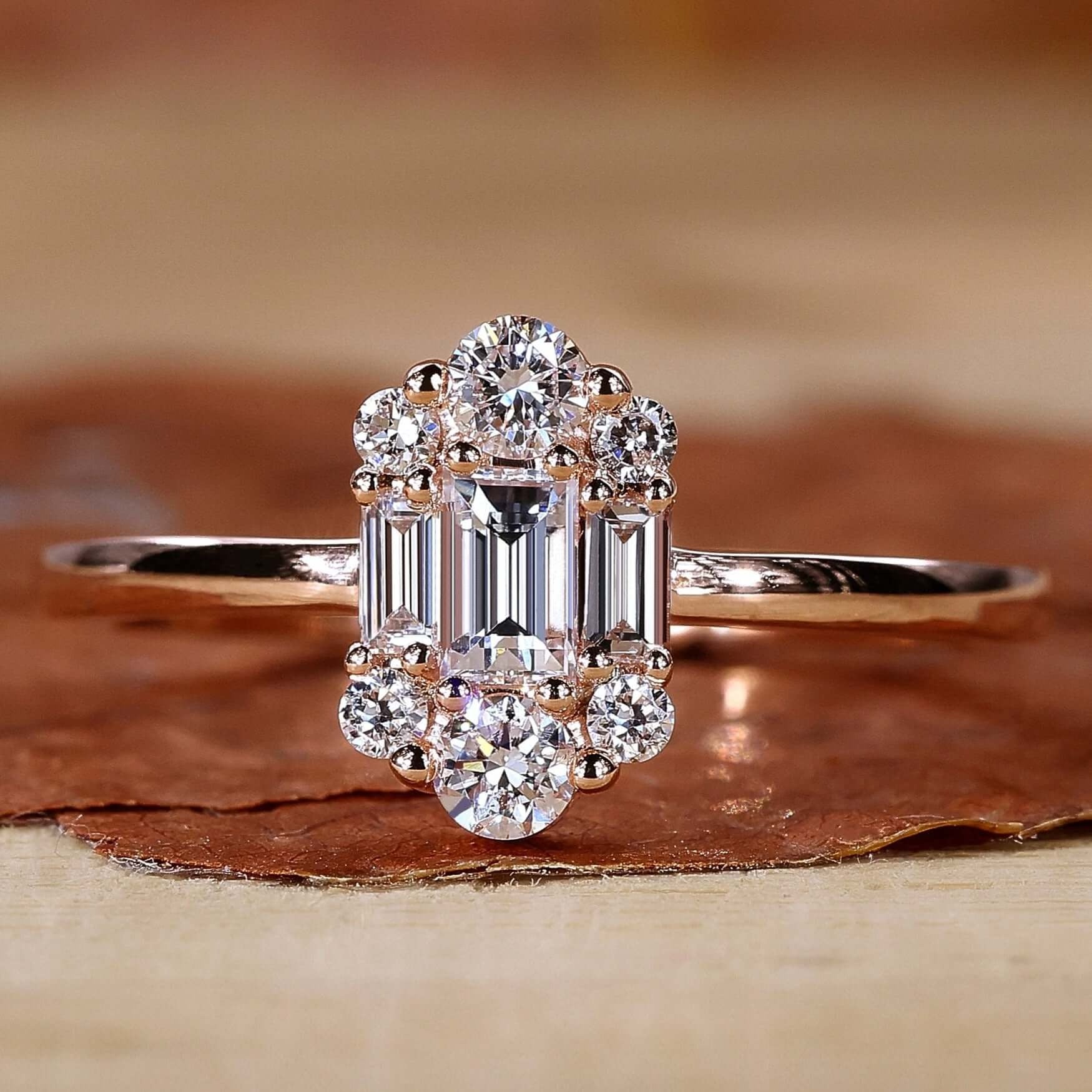 Baguette Cut Lab Grown Diamond Cluster Halo Engagement Gold Ring  Shree Diamond Mfg