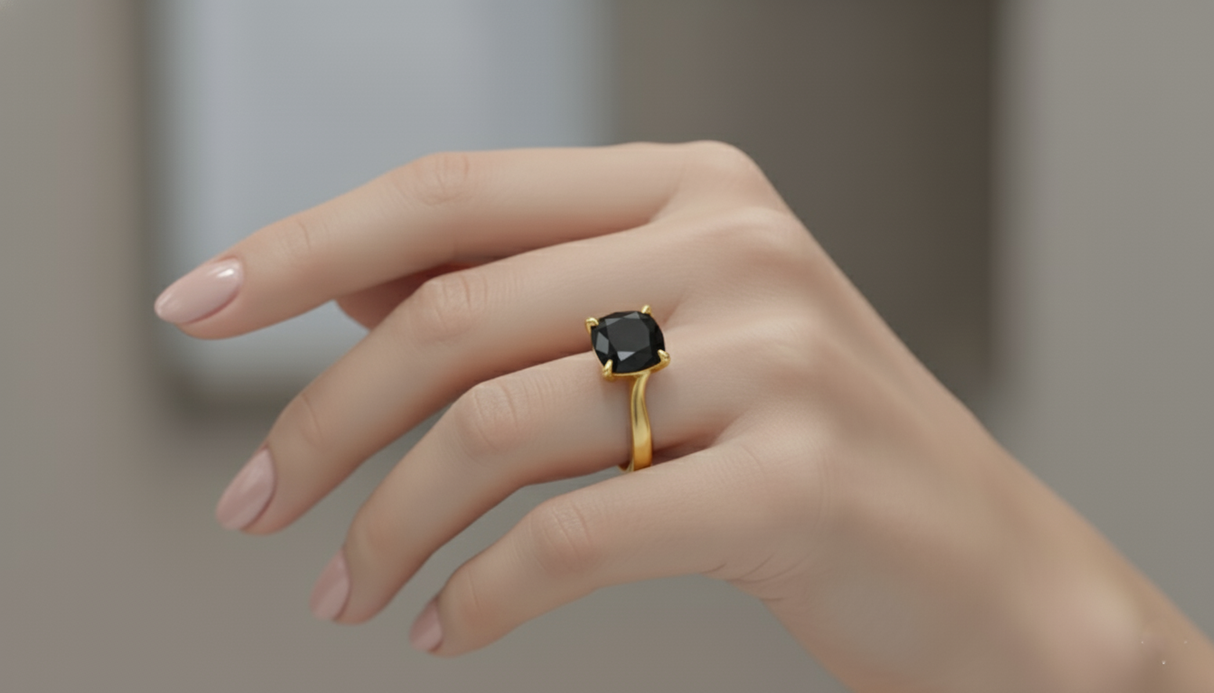 Cushion Shape Black Opaque Color Diamond Solitaire Engagement Ring