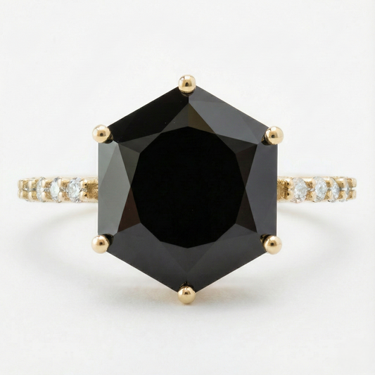 Black Colour Center Hexagon Shape Diamond Shoulder Set Ring - Shree Diamond Mfg