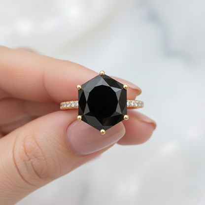 Black Colour Center Hexagon Shape Diamond Shoulder Set Ring - Shree Diamond Mfg
