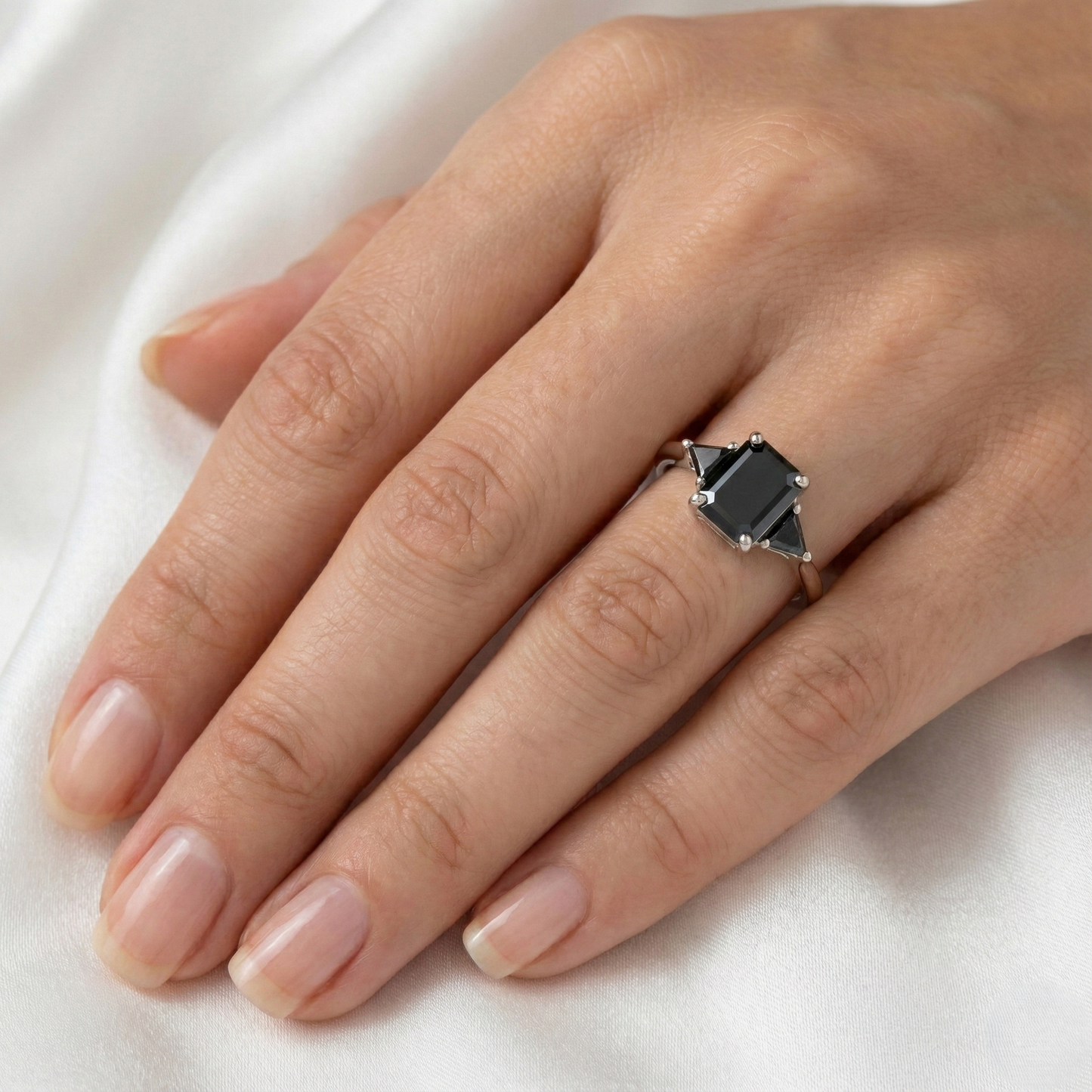 Square Emerald Cut Fancy Black Color Center Diamond Solid Gold Bridal Set Ring