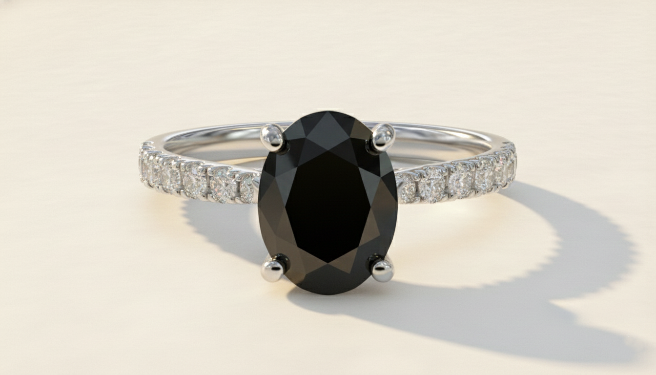 Black Colour Center Oval Cut Diamond Shoulder Set Ring - Shree Diamond Mfg