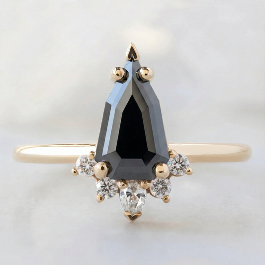 Geometric Shape Fancy Black Color Center Diamond V Shape Setting Engagement Ring