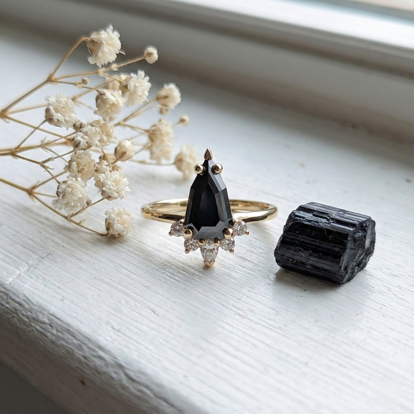 Geometric Shape Fancy Black Color Center Diamond V Shape Setting Engagement Ring