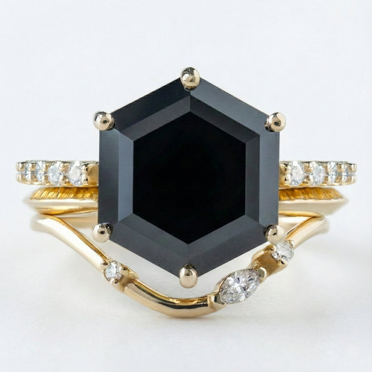 Hexagon Shape Fancy Black Color Center Diamond Vintage Bridal Set Gold Ring - Shree Diamond Mfg