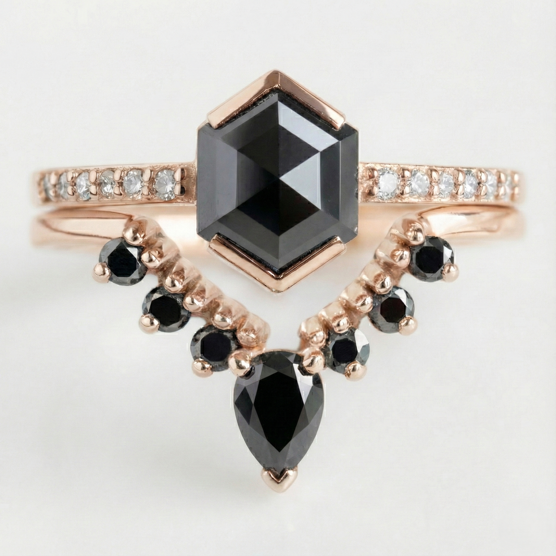 Hexagon Single Cut Fancy Black Color Center Diamond Solid Gold Ring - Shree Diamond Mfg