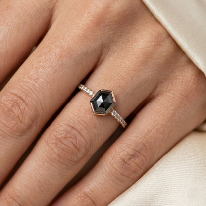 Hexagon Single Cut Fancy Black Color Center Diamond Solid Yellow Gold Ring - Shree Diamond Mfg