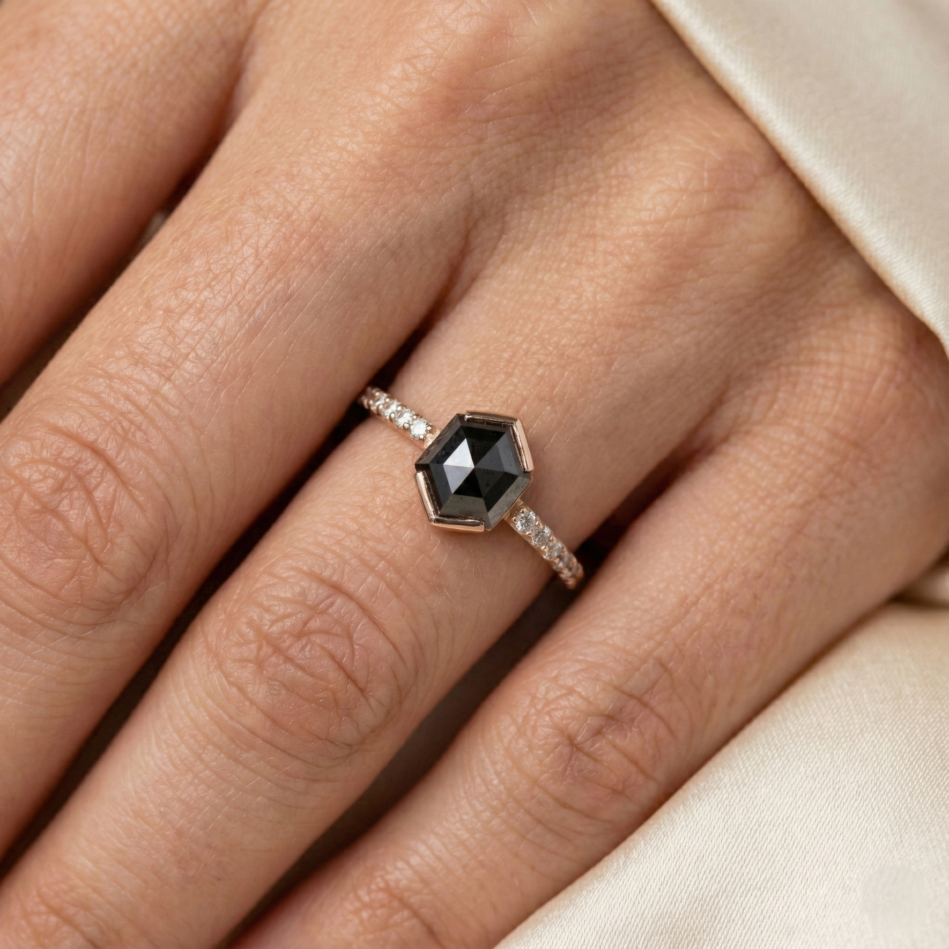 Hexagon Single Cut Fancy Black Color Center Diamond Solid Gold Ring - Shree Diamond Mfg