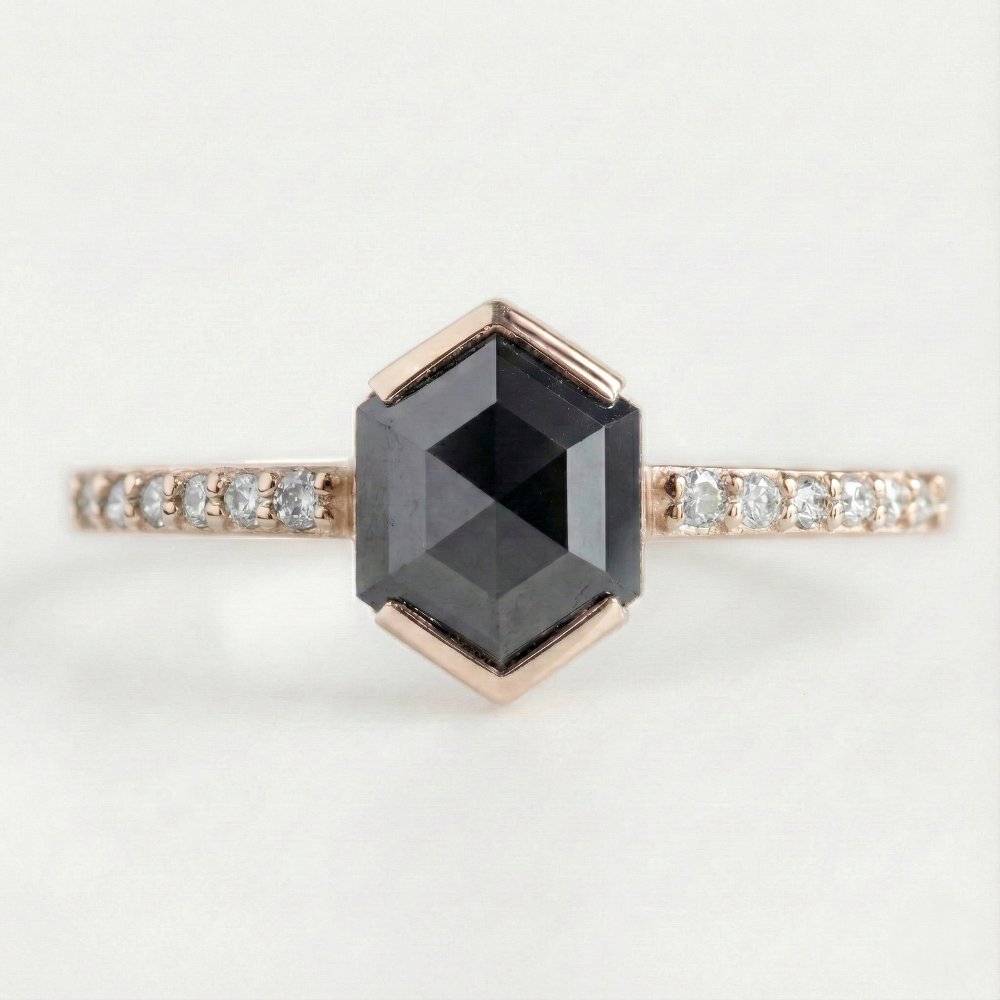 Hexagon Single Cut Fancy Black Color Center Diamond Solid Gold Ring - Shree Diamond Mfg