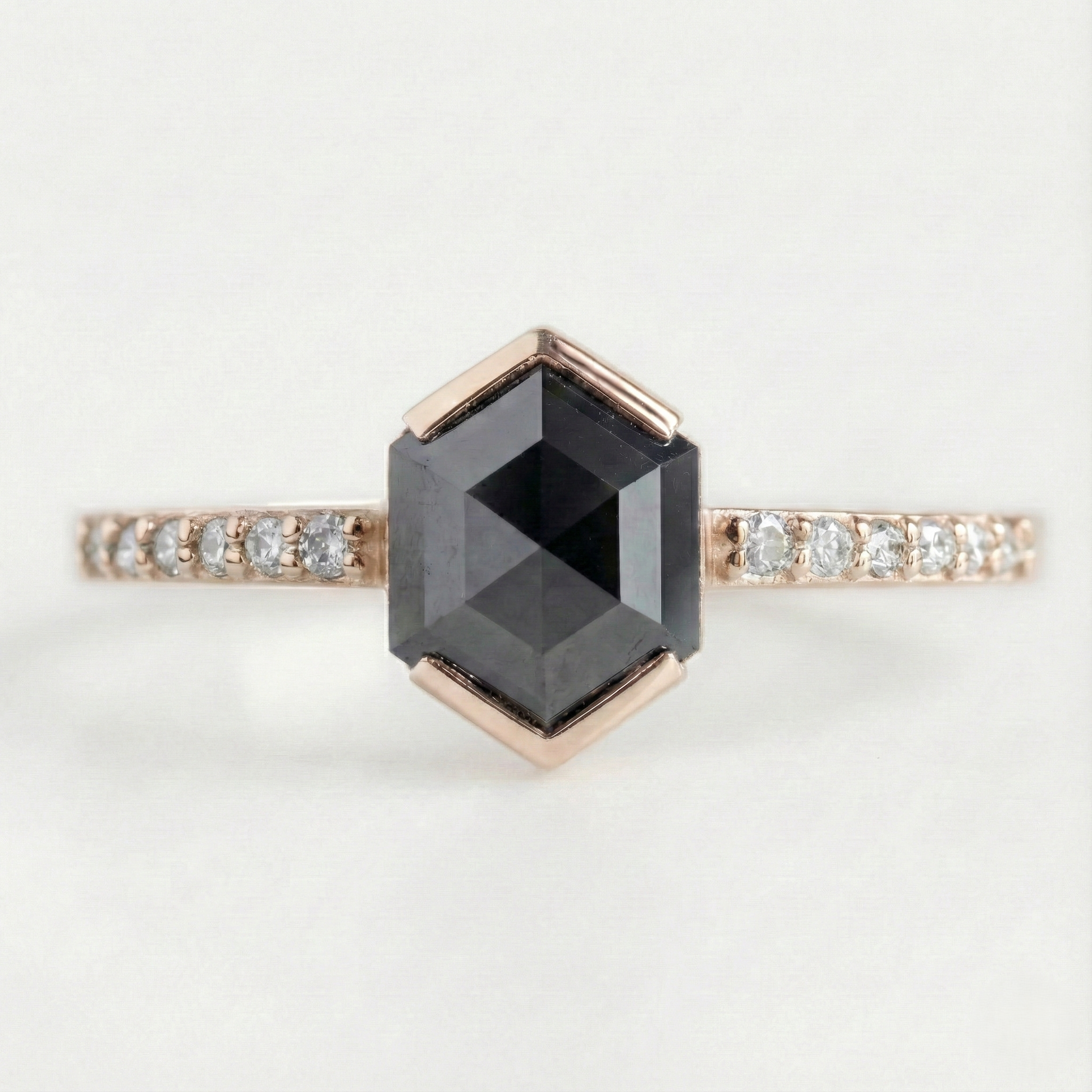 Hexagon Single Cut Fancy Black Color Center Diamond Solid Gold Ring - Shree Diamond Mfg