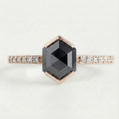 Hexagon Single Cut Fancy Black Color Center Diamond Solid Gold Ring - Shree Diamond Mfg