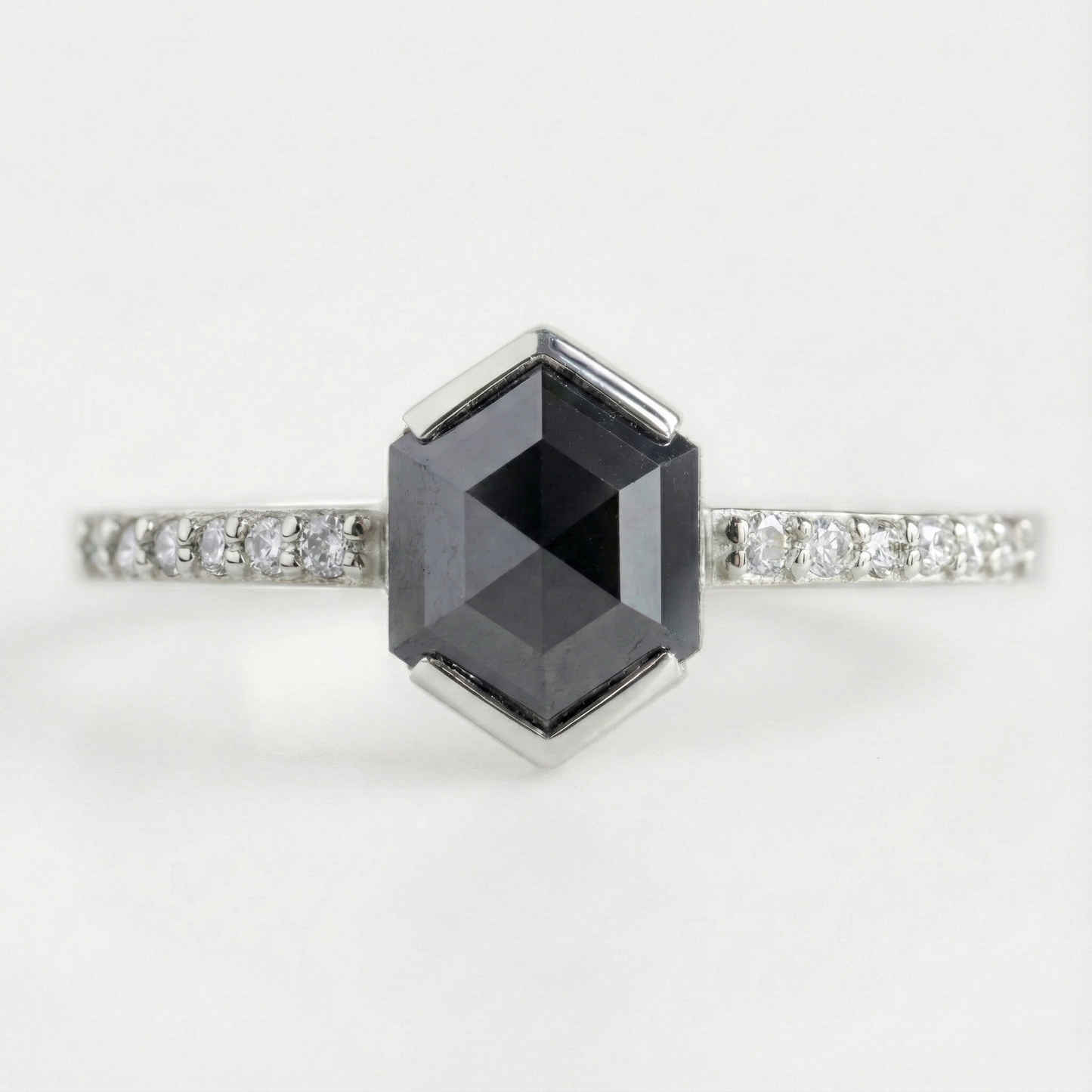 Hexagon Single Cut Fancy Black Color Center Diamond Solid Gold Ring - Shree Diamond Mfg