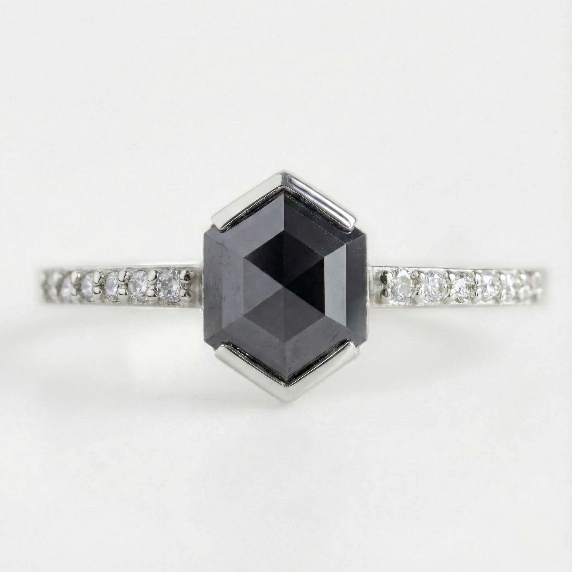Hexagon Single Cut Fancy Black Color Center Diamond Solid Gold Ring - Shree Diamond Mfg