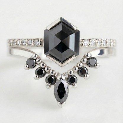 Hexagon Single Cut Fancy Black Color Center Diamond Solid Yellow Gold Ring - Shree Diamond Mfg