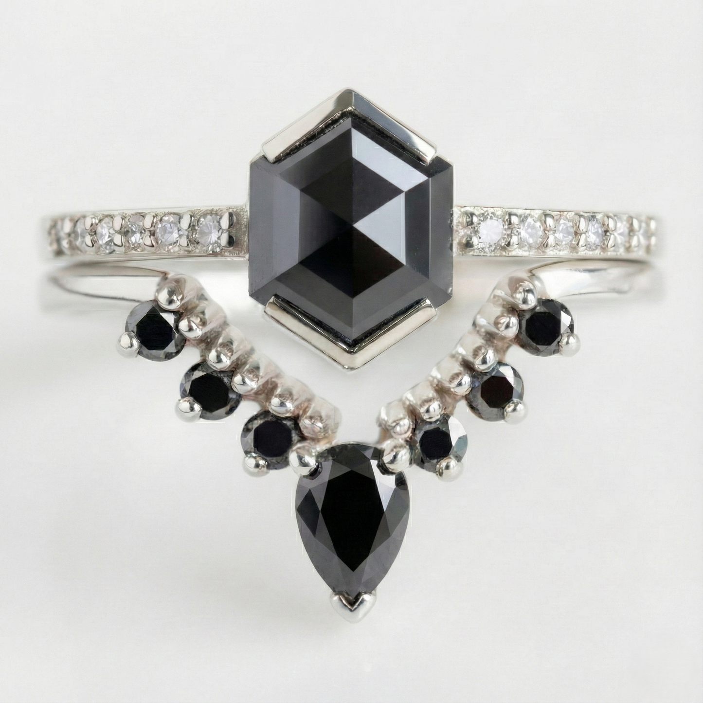 Hexagon Single Cut Fancy Black Color Center Diamond Solid Gold Ring - Shree Diamond Mfg