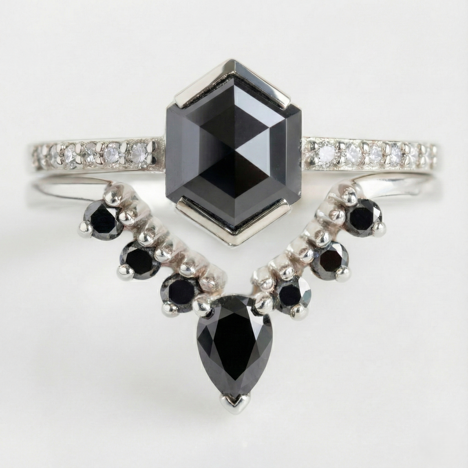 Hexagon Single Cut Fancy Black Color Center Diamond Solid Gold Ring - Shree Diamond Mfg