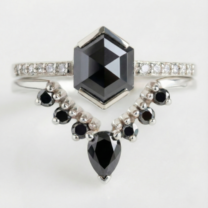 Hexagon Single Cut Fancy Black Color Center Diamond Solid Gold Ring - Shree Diamond Mfg
