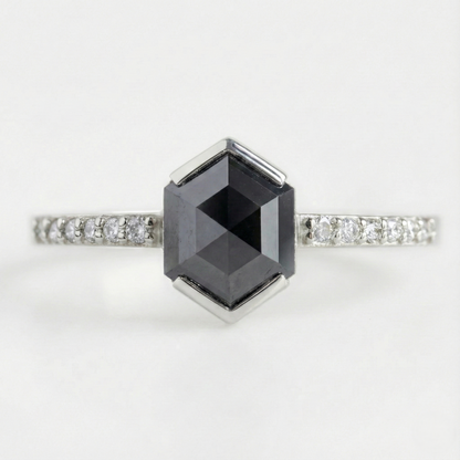 Hexagon Single Cut Fancy Black Color Center Diamond Solid Yellow Gold Ring - Shree Diamond Mfg