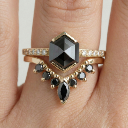 Hexagon Single Cut Fancy Black Color Center Diamond Solid Yellow Gold Ring - Shree Diamond Mfg