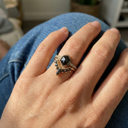 Hexagon Single Cut Fancy Black Color Center Diamond Solid Yellow Gold Ring - Shree Diamond Mfg