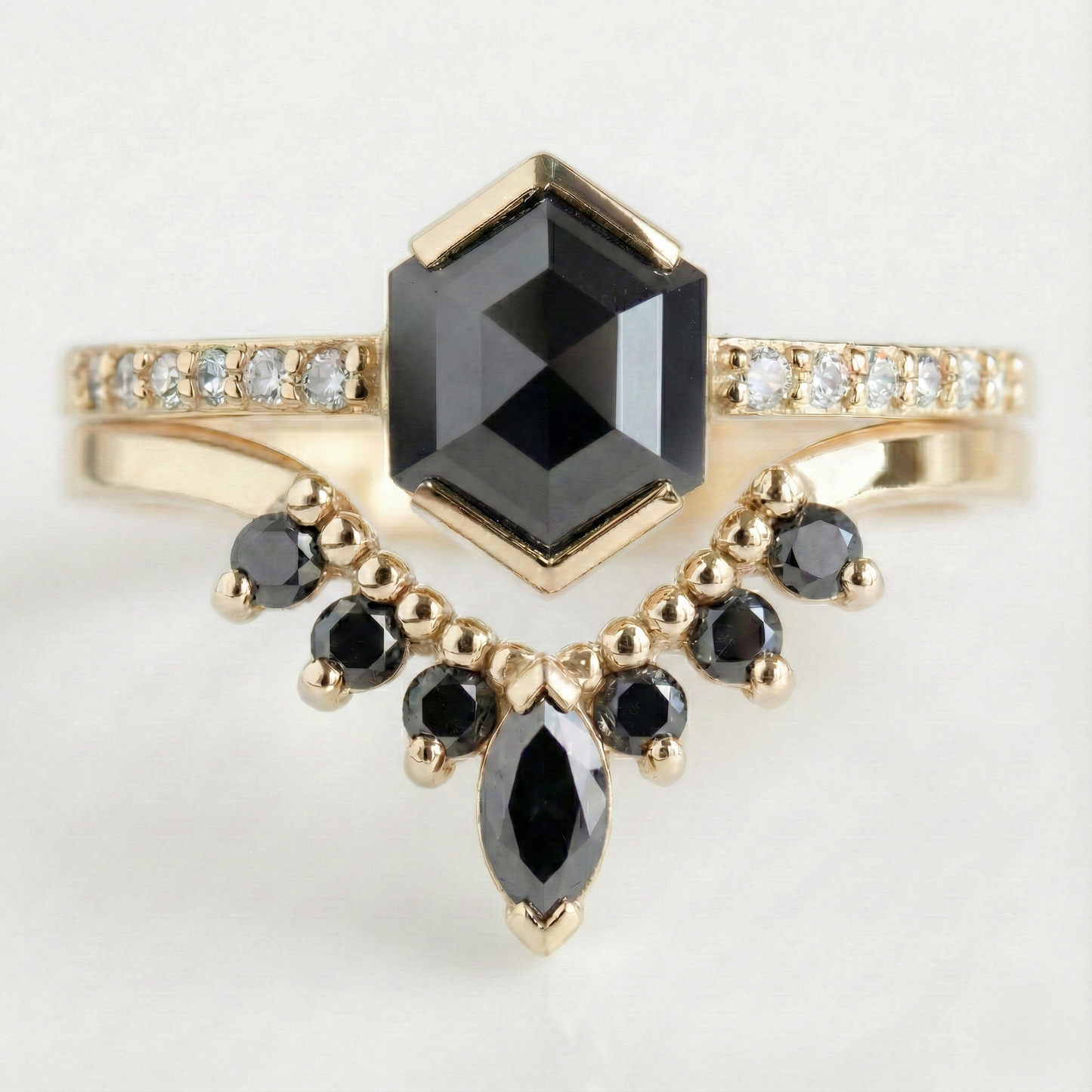 Hexagon Single Cut Fancy Black Color Center Diamond Solid Yellow Gold Ring - Shree Diamond Mfg