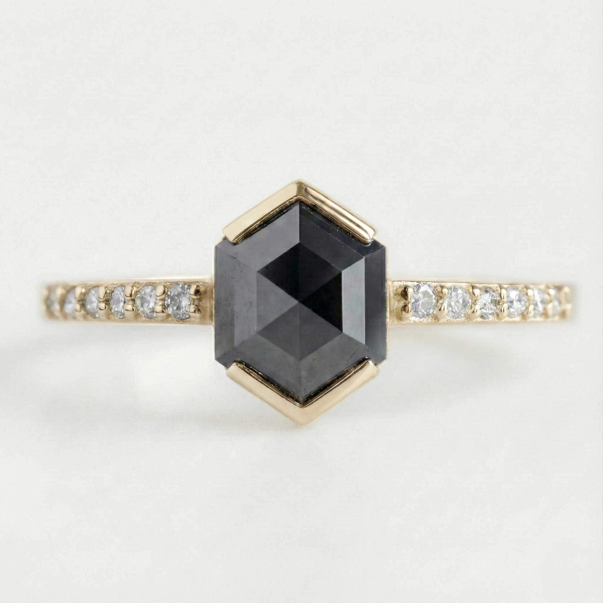 Hexagon Single Cut Fancy Black Color Center Diamond Solid Yellow Gold Ring - Shree Diamond Mfg