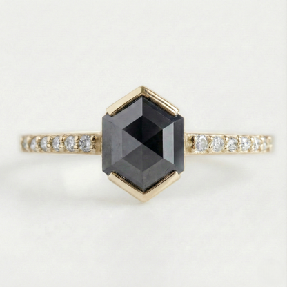 Hexagon Single Cut Fancy Black Color Center Diamond Solid Yellow Gold Ring - Shree Diamond Mfg