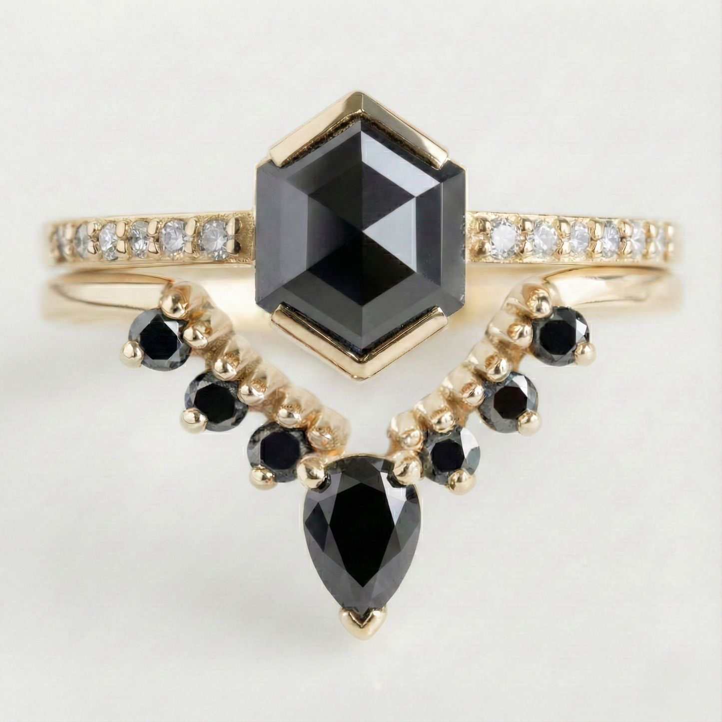 Hexagon Single Cut Fancy Black Color Center Diamond Solid Gold Ring - Shree Diamond Mfg