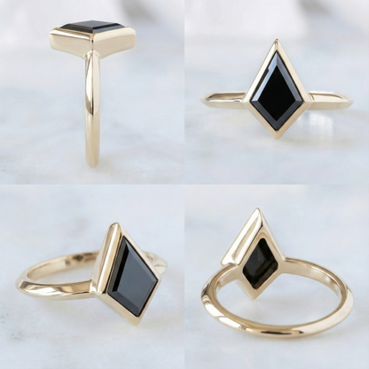 Kite Shape Fancy Black Color Center Diamond Engagement Solid Gold Ring