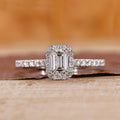 Rectangular Emerald Cut Lab Grown Engagement Halo Gold Ring Pave Setting