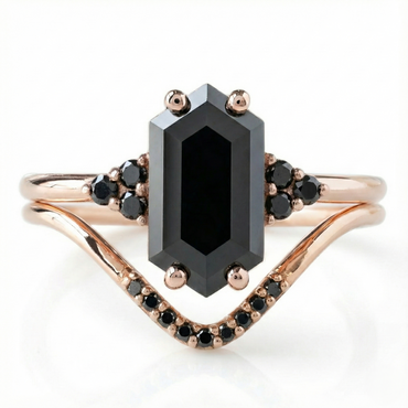 Long Hexagon Shape Fancy Black Color Center Diamond Vintage Solid Gold Ring