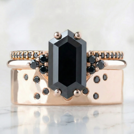 Long Hexagon Shape Fancy Black Color Center Diamond Vintage Solid Gold Ring