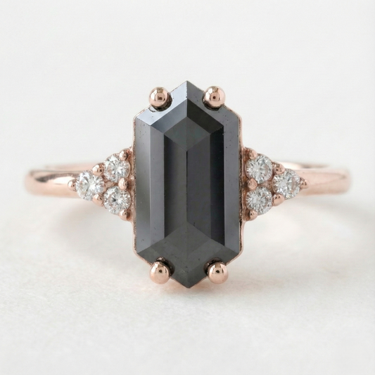 Long Hexagon Shape Fancy Black Color Center Diamond Vintage Solid Gold Ring