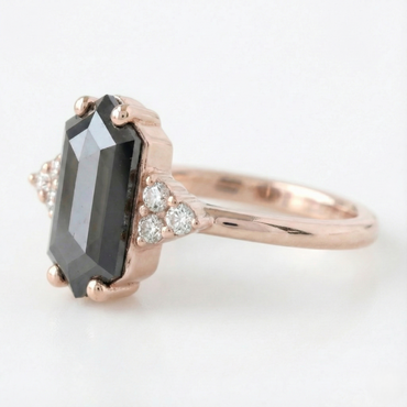 Long Hexagon Shape Fancy Black Color Center Diamond Vintage Solid Gold Ring