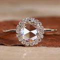 Round Rose Cut Lab Grown White Color Diamond Halo Engagement Gold Ring