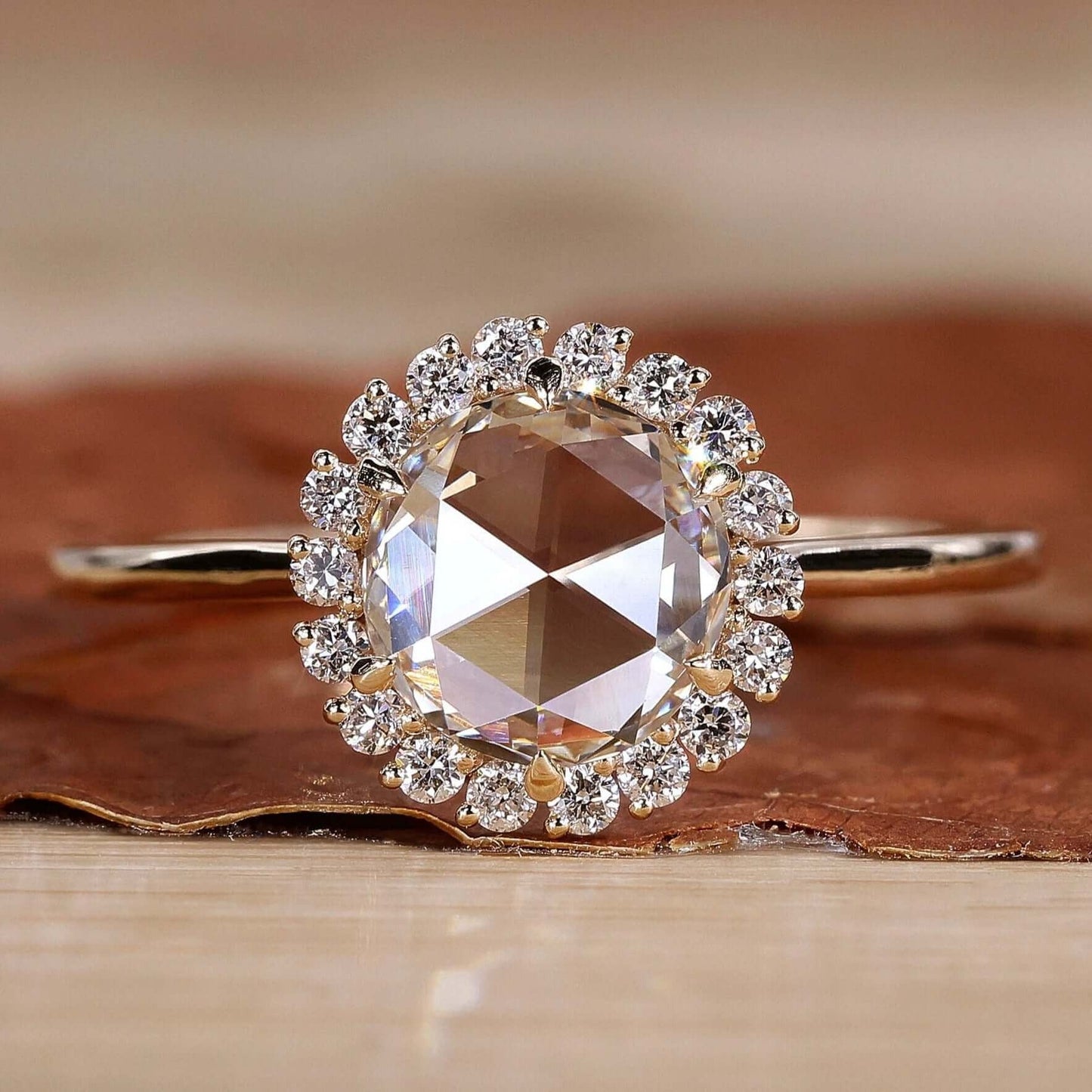 Round Rose Cut Lab Grown White Color Diamond Halo Engagement Gold Ring  Shree Diamond Mfg