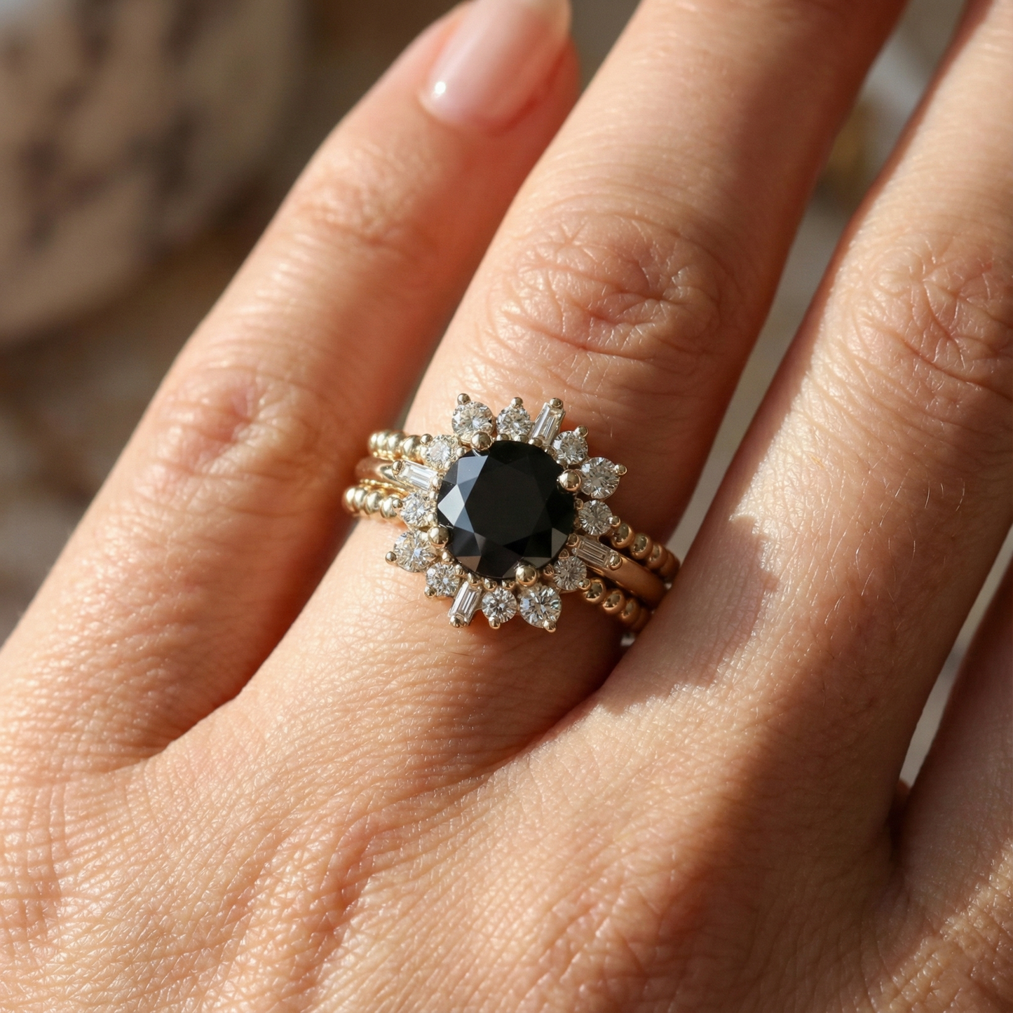 Round Shape Fancy Black Color Center Diamond Bridal Solid Gold Ring Set - Shree Diamond Mfg