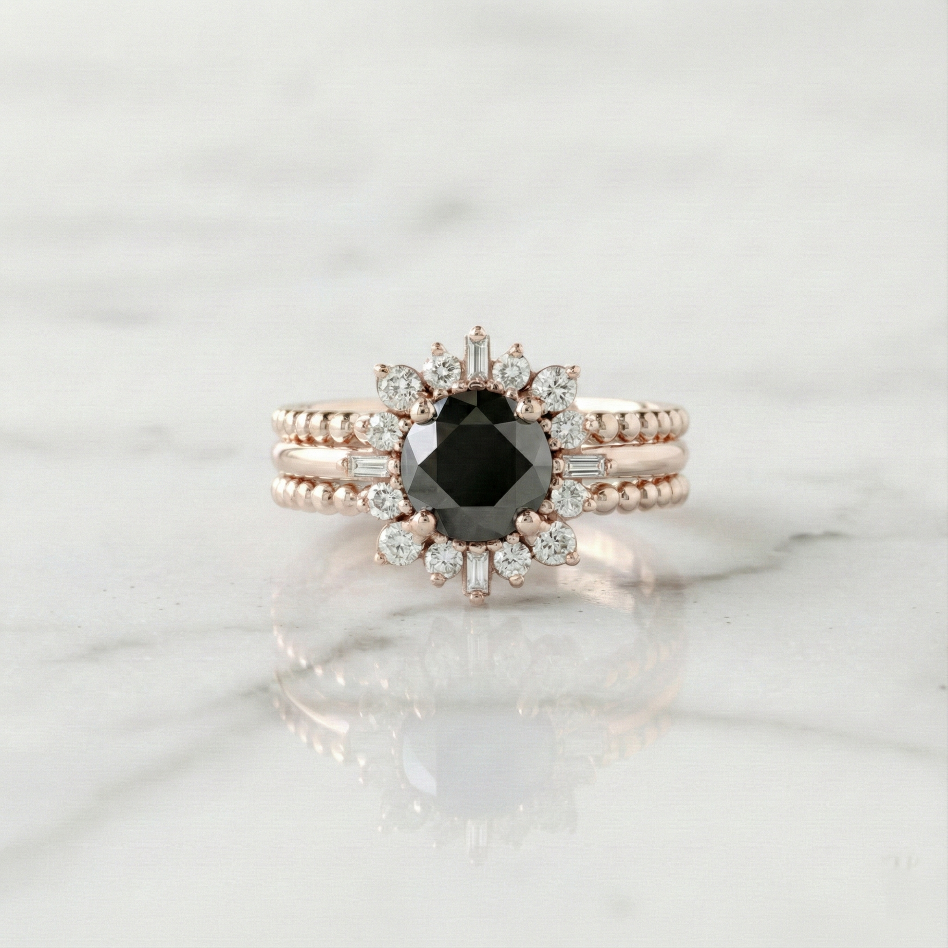 Round Shape Fancy Black Color Center Diamond Bridal Solid Gold Ring Set - Shree Diamond Mfg