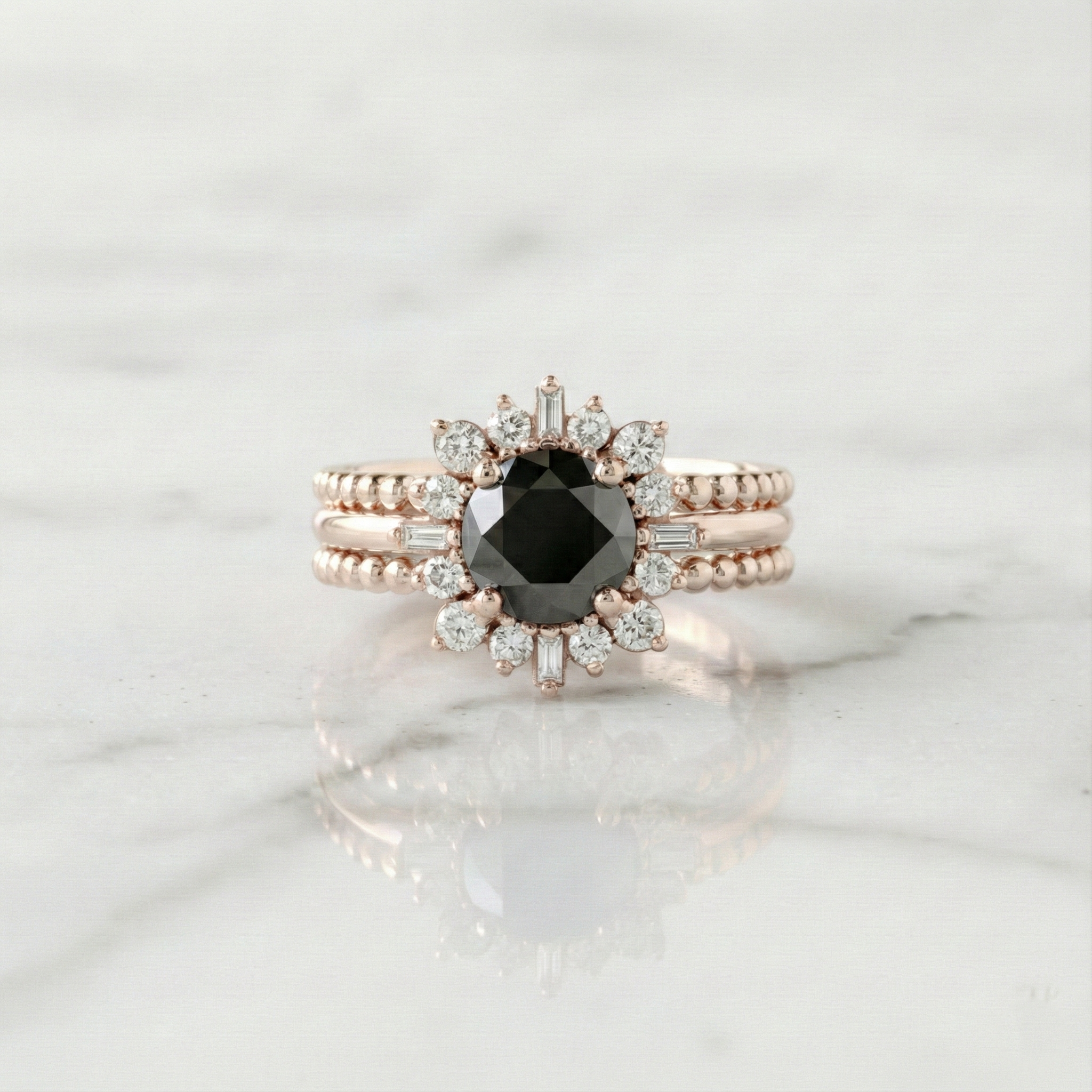 Round Shape Fancy Black Color Center Diamond Bridal Solid Gold Ring Set - Shree Diamond Mfg