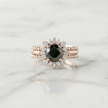 Round Shape Fancy Black Color Center Diamond Bridal Solid Gold Ring Set - Shree Diamond Mfg