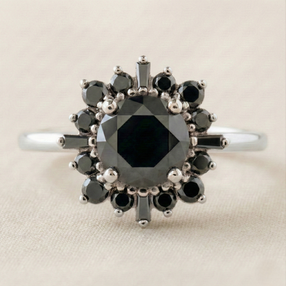 Round Cut Fancy Black Color Diamond Halo Solid Gold Ring - Shree Diamond Mfg