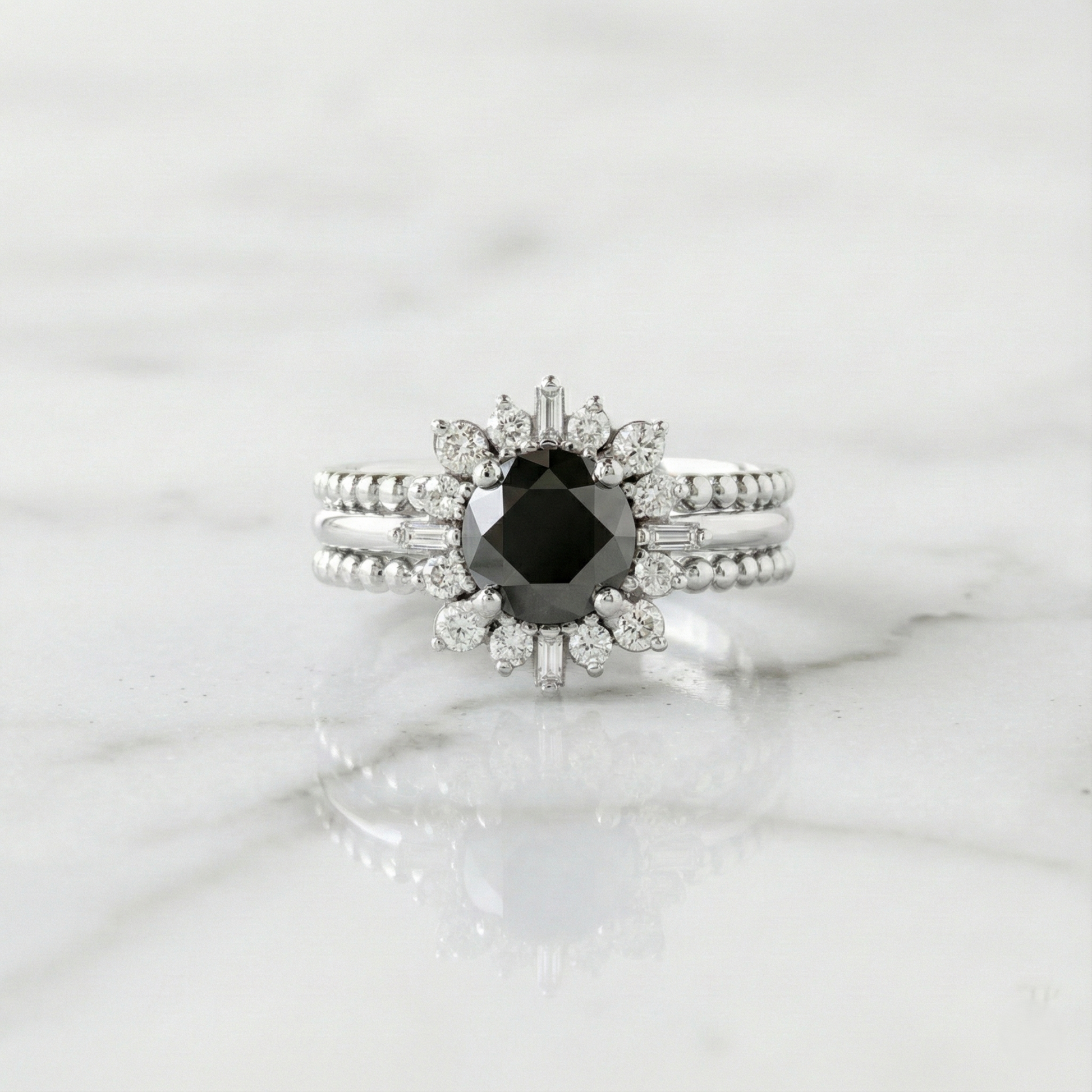 Round Shape Fancy Black Color Center Diamond Bridal Solid Gold Ring Set - Shree Diamond Mfg